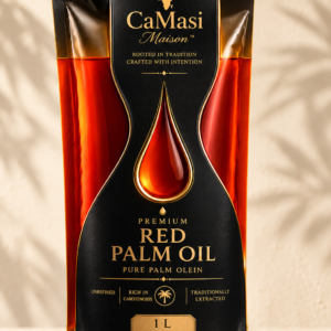 CaMasi Maison Premium Red Palm Oil 1 L pouch on an ivory travertine pedestal