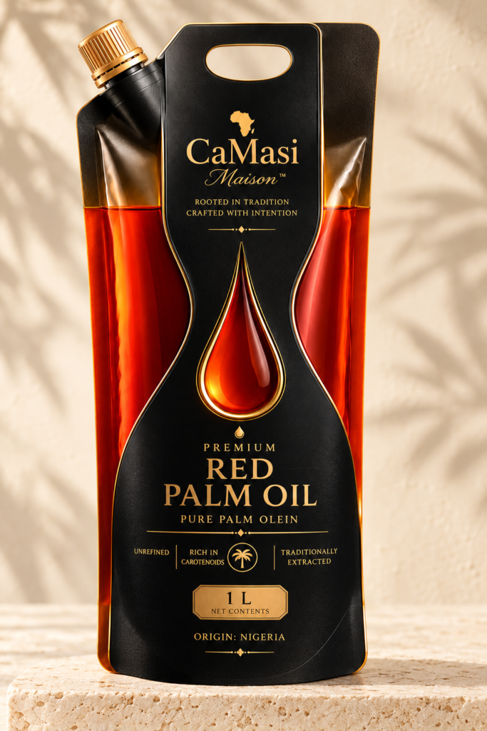 CaMasi Maison Premium Red Palm Oil 1 L pouch on an ivory travertine pedestal