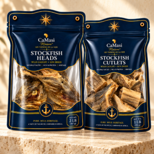 For this Stockfish Heads and Cutlets editorial collage, use: Alt Text CaMasi Maison Stockfish Heads 2 lb and Stockfish Cutlets 1 lb pouches on a warm Maison editorial background