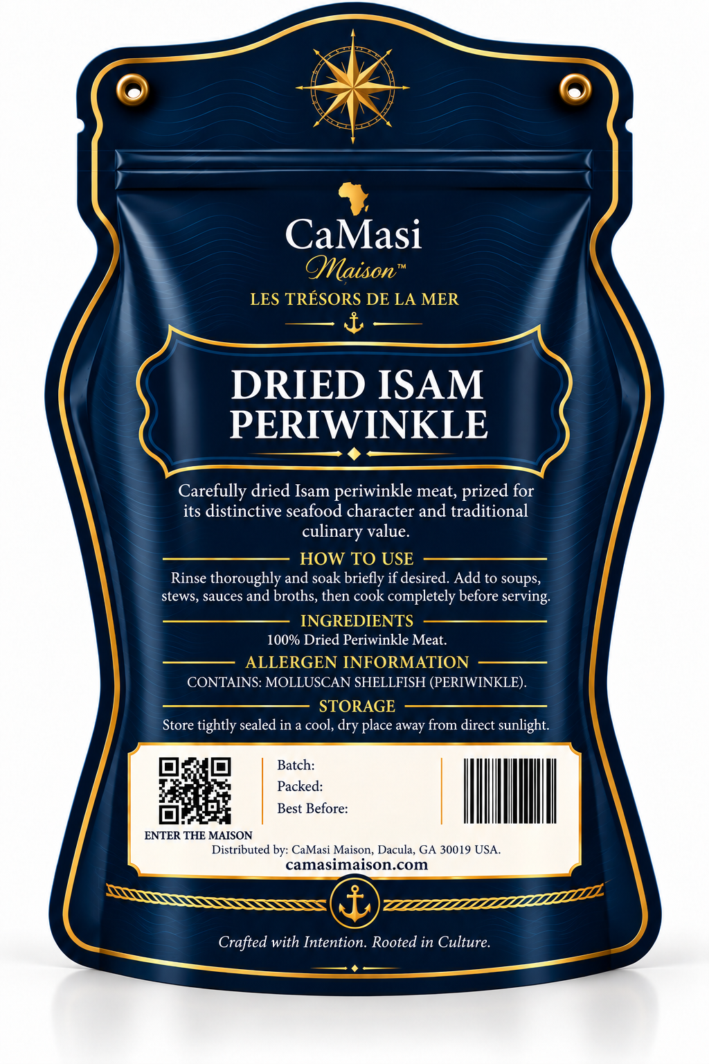 Back panel of CaMasi Maison Dried Isam Periwinkle 4 oz pouch with product information, preparation instructions, QR code and barcode.