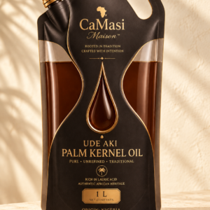 CaMasi Maison Premium Ude Aki Palm Kernel Oil 1 L pouch on an ivory travertine pedestal