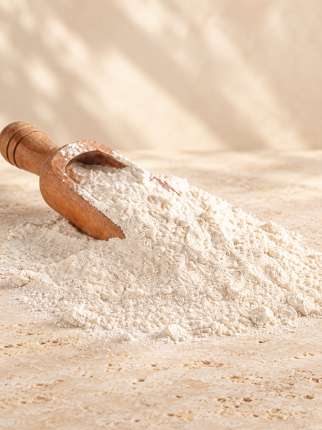 Premium yam flour with a wooden scoop on a cream travertine surface
