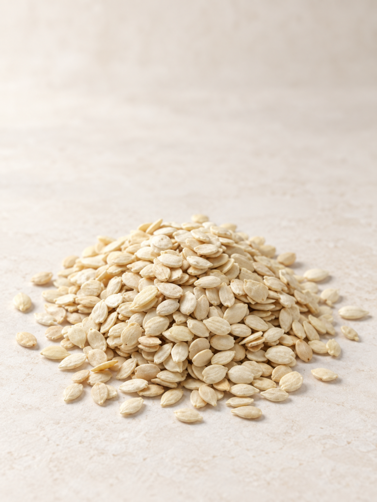 Whole Nigerian egusi melon seeds arranged on a light Maison-style background