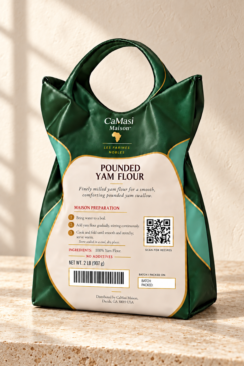 Back panel of CaMasi Maison Premium Pounded Yam Flour 2 lb pouch