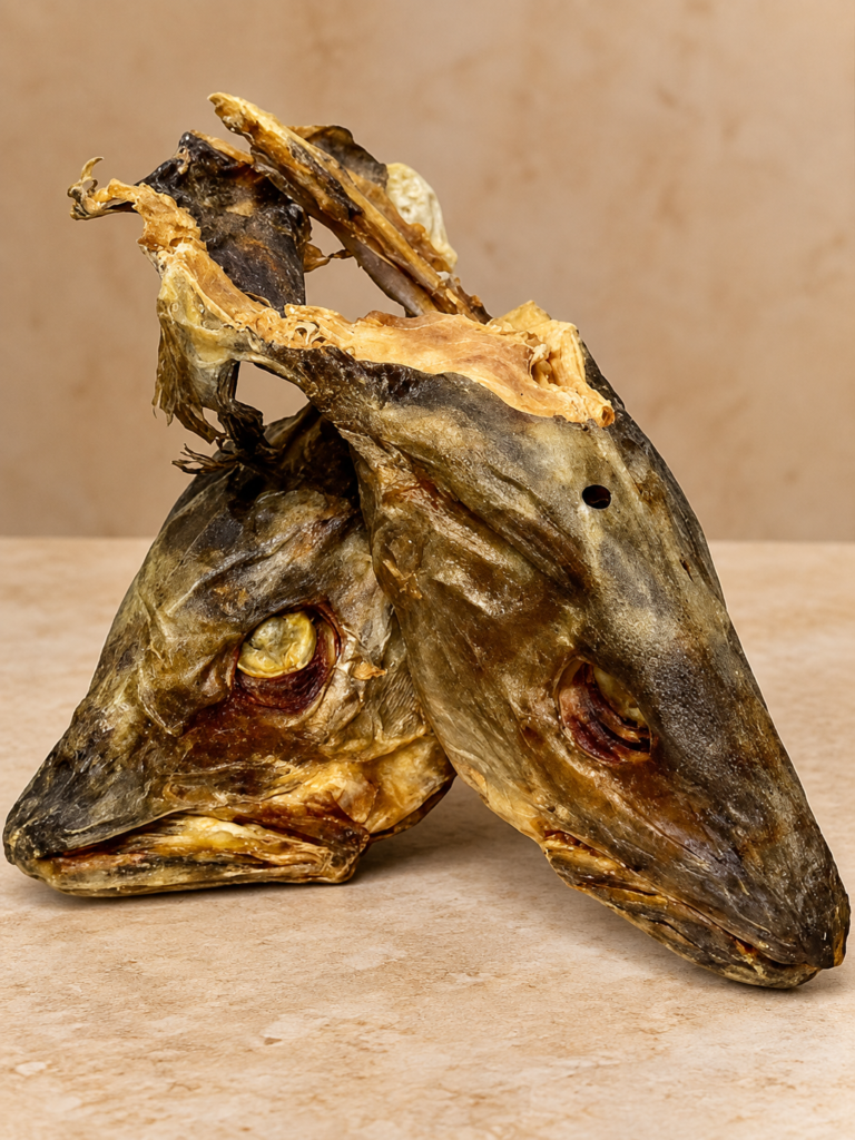 Premium dried stockfish heads arranged on a warm CaMasi Maison editorial background
